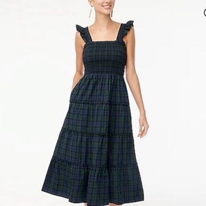 J Crew NWT cotton smocked ruffle sleeve dress in black-watch plaid M